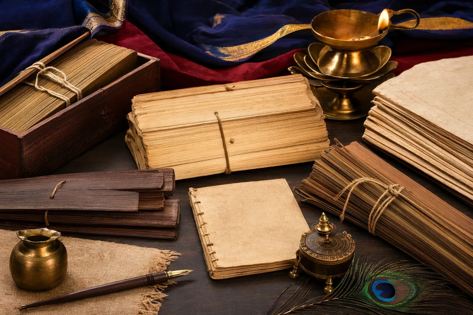 Indian palm-leaf and paper manuscripts with writing tools, symbolizing India’s many language and script traditions.