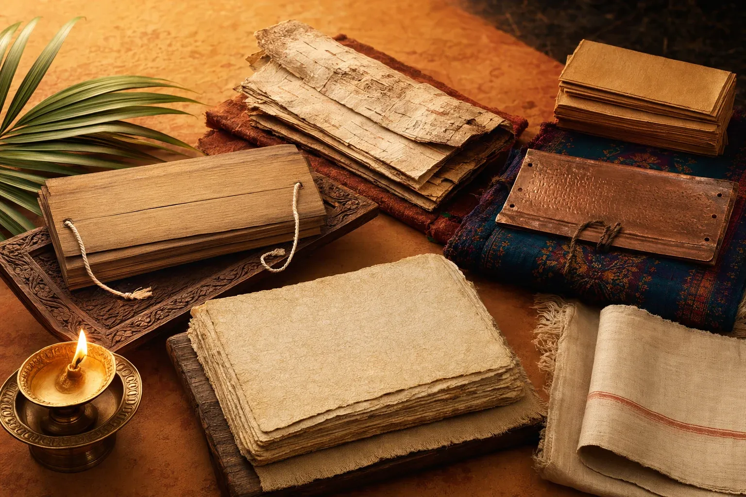 Illustration of palm-leaf manuscripts, bark or paper folios, copper plates, writing tools and protective covers used in Indian manuscript culture.