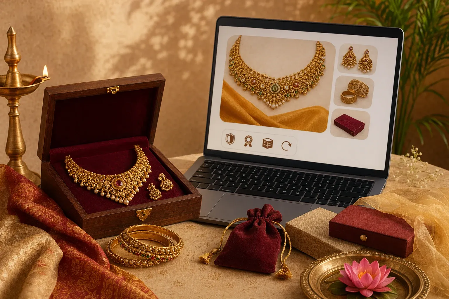 Online Indian jewellery buying scene with a laptop, jewellery boxes, gold and silver ornaments, checklist icons, packaging and secure shopping cues.