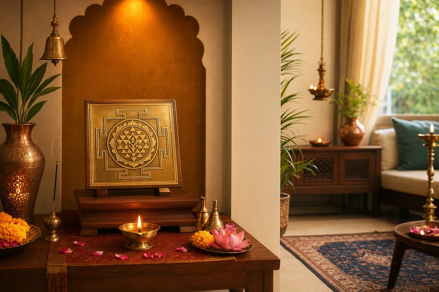 A yantra placed respectfully in a clean home shrine with diya, flowers, and simple devotional objects.