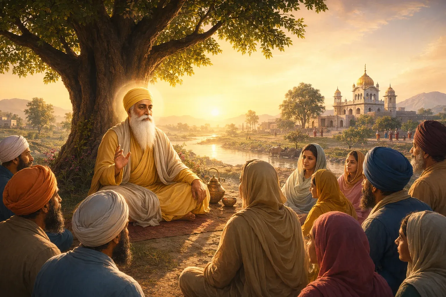 Respectful Sikh heritage scene with early Punjab landscape, gurdwara-inspired architecture, sangat, and Guru Nanak origin-story atmosphere.