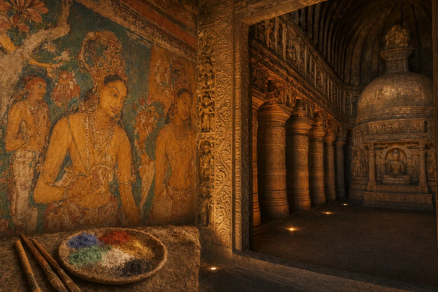 Ajanta-inspired rock-cut cave scene with carved doorway, mural-like colour panels, lamp light, stone texture, and heritage atmosphere.