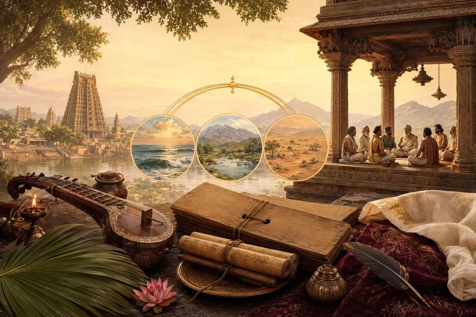 Tamil scholarly assembly with palm-leaf manuscripts and symbolic gathering motif for a guide to the three Sangams tradition.