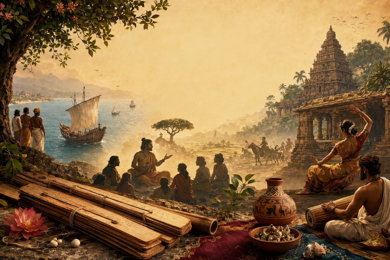 Ancient Tamil literary gathering with palm-leaf manuscripts, poets and landscape cues for a guide to why Sangam literature matters.