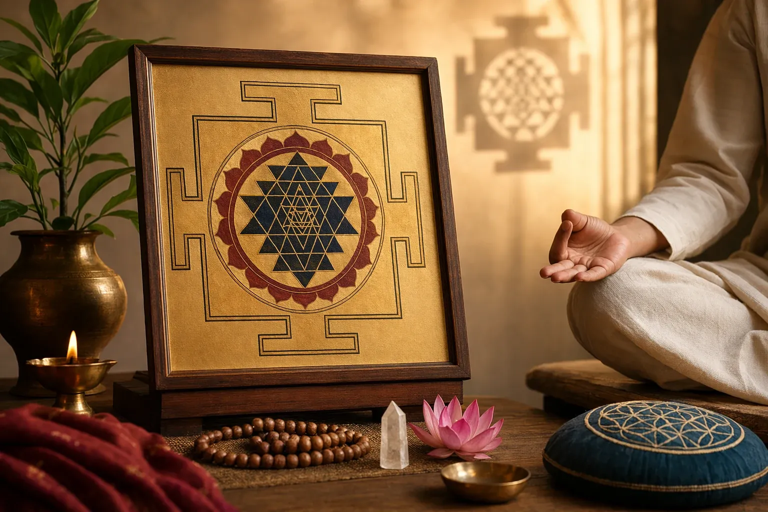 A calm meditation corner with a framed yantra, diya, cushion, and seated practitioner using the image for focus.