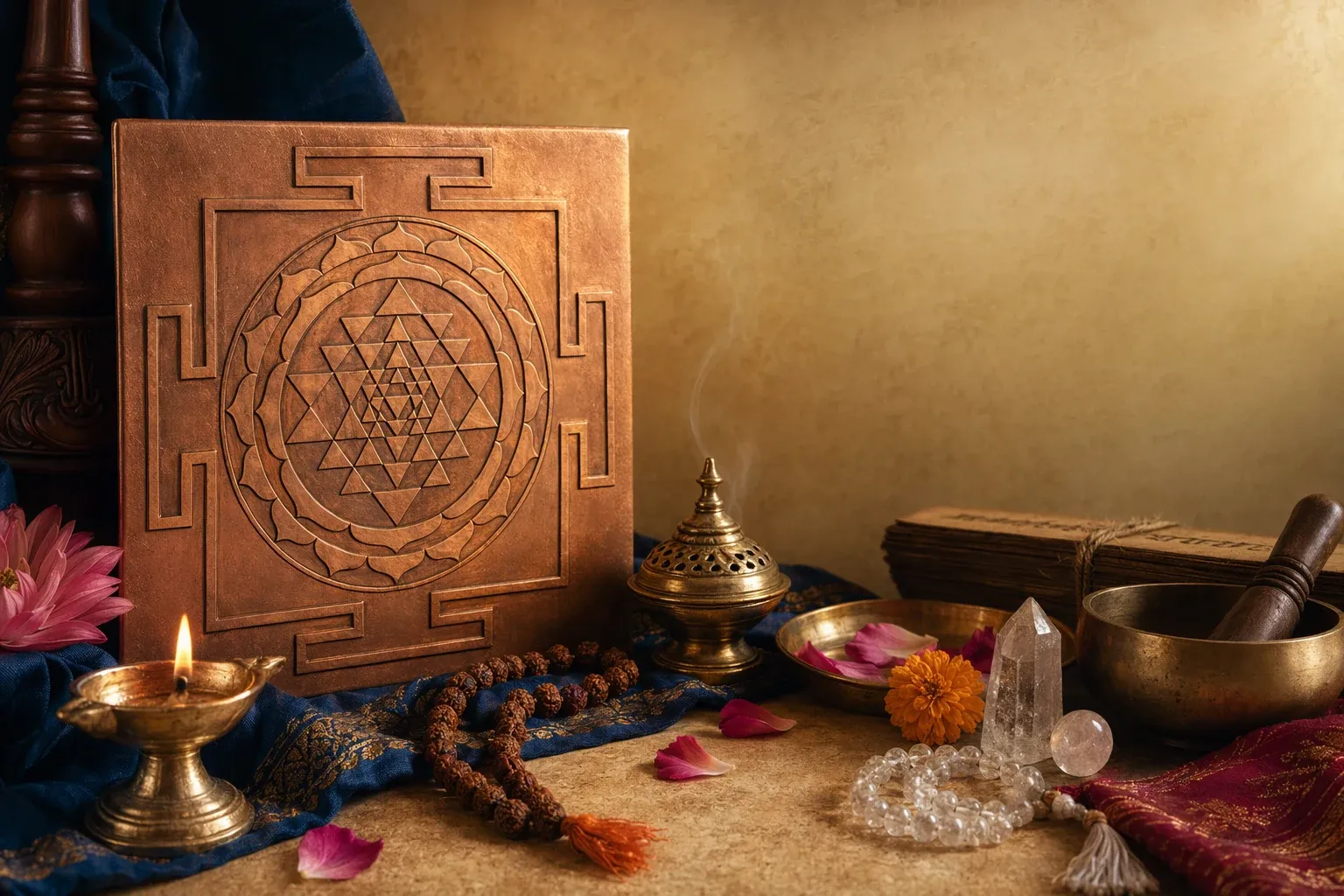 A devotional study scene with a yantra, mala, Sanskrit-inspired learning objects, and a diya representing sound, symbol, and practice.