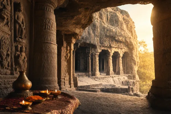 Ancient Indian Cave Temples: History of Rock-Cut Sacred Architecture illustration with Indian rock-cut cave architecture and sacred art.