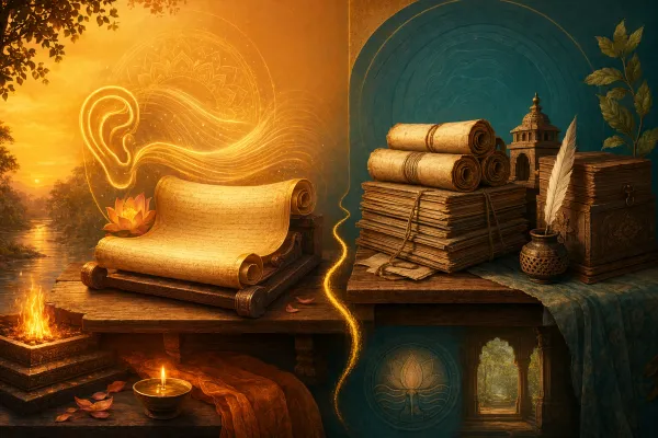 Two symbolic knowledge shelves showing luminous heard knowledge and memory-scroll traditions, explaining Shruti and Smriti.