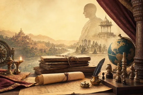 When Was Arthashastra Written, Rediscovered and Translated? illustration with ancient Indian manuscripts, statecraft symbols, learning objects, and warm historical setting.