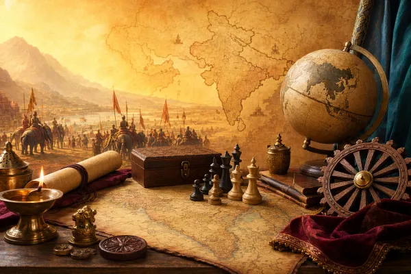 Arthashastra on Foreign Policy and Diplomacy: A Beginner Guide illustration with ancient Indian manuscripts, statecraft symbols, learning objects, and warm historical setting.