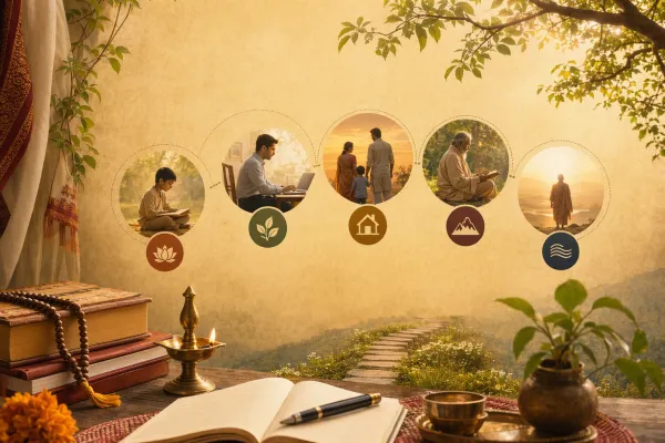 Modern Ashrama system illustration with books, family, career symbols, meditation, elder wisdom, lamps, and a balanced life-path design.