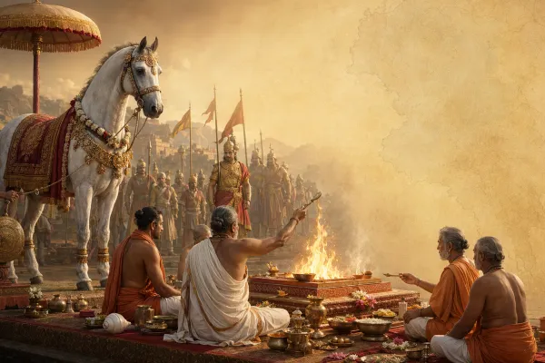Decorated horse, royal procession, and yajna fire in a respectful illustration of Ashwamedha Yagna in ancient epic context.
