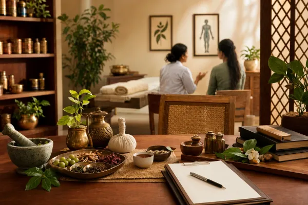 Ayurveda practitioner speaking with a patient in a calm clinic setting, with herbs and oils nearby.