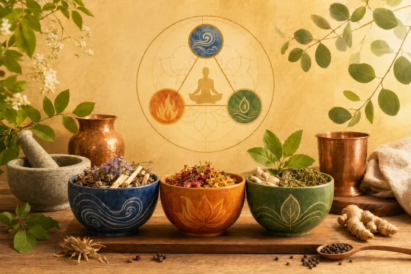Ayurveda beginner illustration with herbs, dosha symbols, copper vessels, and daily wellness objects.