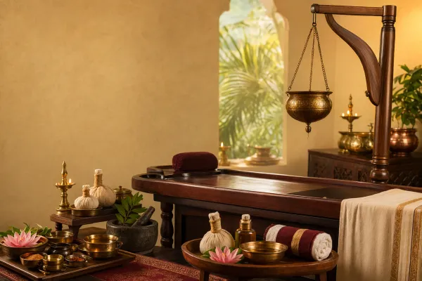 Ayurvedic treatment room with massage table, oil vessel, herbs, lamps, and spa-like wellness setting.