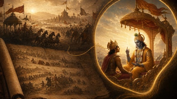 Bhagavad Gita and Mahabharata shown as connected epic and dialogue