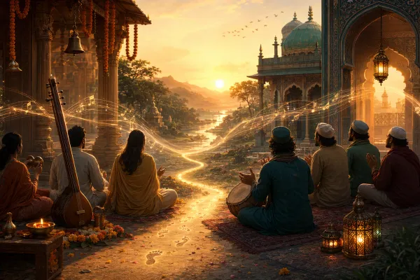 Editorial illustration for Bhakti Movement and Sufism: Similarities, Differences, and Religious Synthesis: Bhakti and Sufism compared through devotional music, love, and distinct tra...