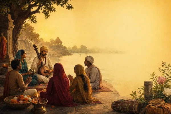 Bhakti Movement social equality illustration with diverse devotees, women saints, singing, temple gathering, dignity, and devotional community.