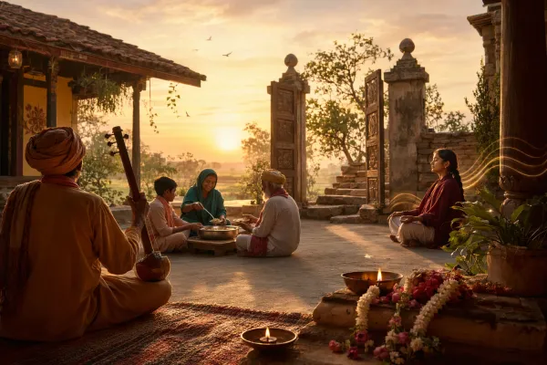 Editorial illustration for What Did the Bhakti Movement Teach?: a devotional courtyard showing song, service, offering, equality, and remembrance.