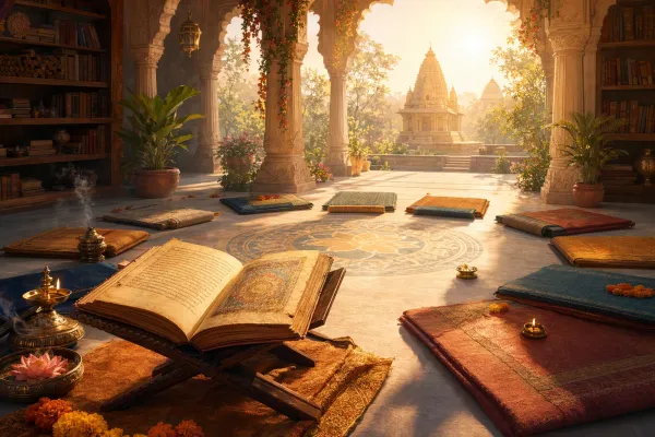 Inclusive courtyard library with an open Purana manuscript, reading mats in a circle, lamps, lotus, and welcoming doorway light.