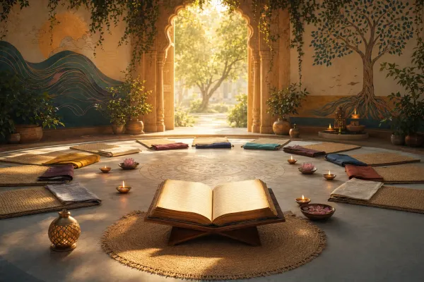 Inclusive courtyard learning space with an open Vedic manuscript, reading mats, lamps, lotus, and welcoming doorway light.