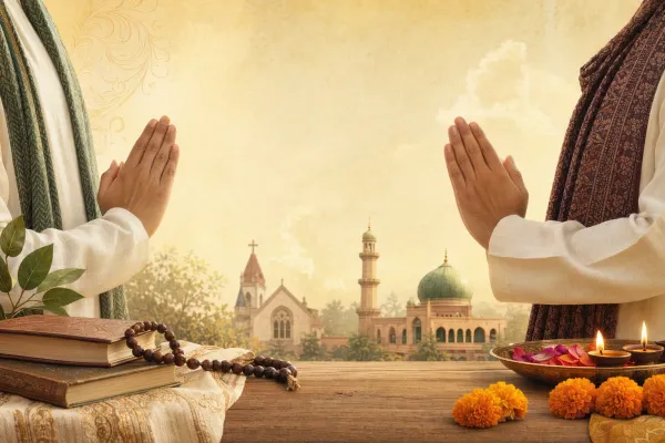 Two people greeting with folded hands near church and mosque silhouettes, showing respectful interfaith Namaste etiquette.