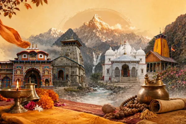 Char Dham names illustration showing four sacred temples with directional markers for Badrinath, Dwarka, Puri, and Rameswaram.