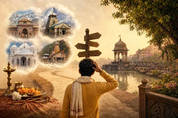 Vrindavan Char Dham confusion illustration with a devotee, signpost, temple silhouettes, Yamuna-like river setting, and four Dham symbols.