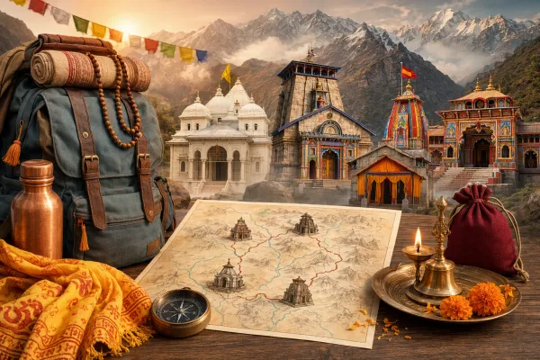 Char Dham Yatra planning illustration with a route map, backpack, registration checklist, temple markers, mountains, and devotional symbols.