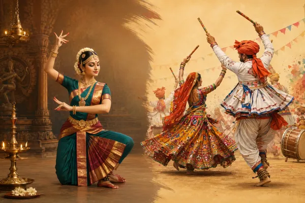 Indian classical dancer and folk dance group shown side by side in a cultural performance setting.