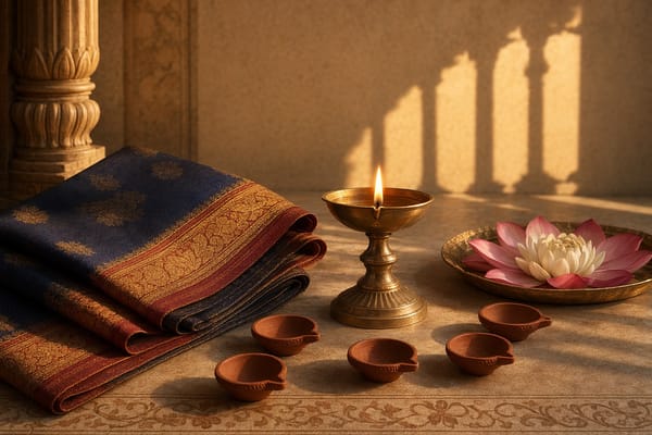 Fire-born lotus lamp with five protective light arcs, palace pillars, and a woven cloth motif symbolizing Draupadi’s dignity and courage.