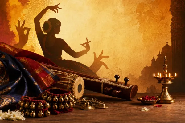 Indian classical dance stage scene with dancer, lamp, music, and guru tradition symbolism for Famous Indian Classical Dancers and Gurus Every Beginner Should Know.