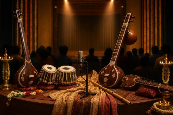 Illustration of Indian classical music instruments, microphone, lamps, and stage decor for a beginner guide to famous musicians and singers.