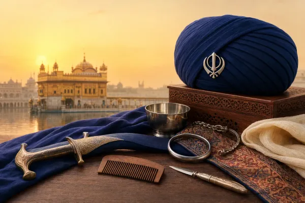Editorial illustration for The Five Ks of Sikhism: Meaning and Importance: Sikh cultural symbols and article-specific scene presented respectfully for a Bhaktilipi beginner guide.