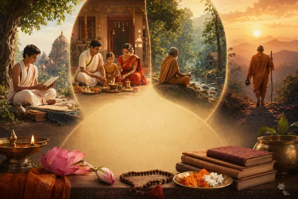 Four ashramas illustration showing student, householder, elder guide, renunciant, books, lamps, and a peaceful Indian setting.