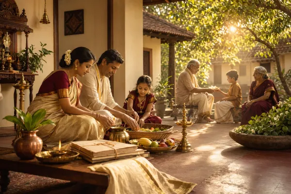 Grihastha Ashrama illustration with family, home ritual, food, lamps, work, hospitality, and responsible household life.