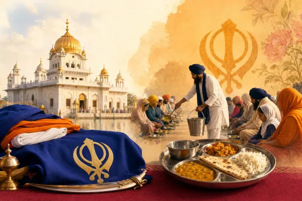 Editorial illustration for Gurdwara and Langar: What They Mean in Sikhism: Sikh cultural symbols and article-specific scene presented respectfully for a Bhaktilipi beginner guide.