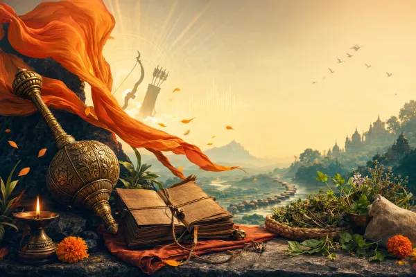 Golden gada silhouette, open manuscript, mountain herbs, saffron cloth, and light rays symbolizing Hanuman’s devotion and courage.