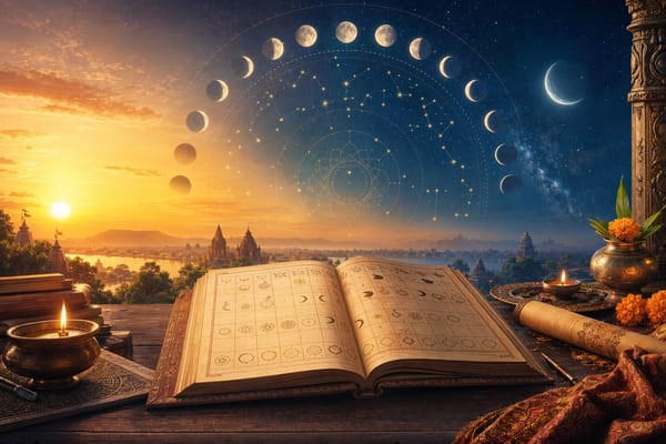 Hindu calendar panchang concept with moon phases, sunrise, stars, temple silhouette and traditional calendar book