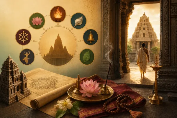 Editorial illustration for Hindu Philosophy and the Temple System: What Is the Connection?: a concrete article-specific Indian cultural editorial scene for Hindu Philosophy and the T...