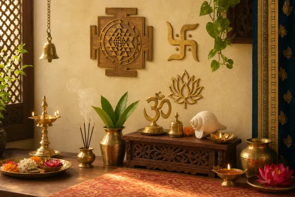 Home puja and decor illustration with Om, swastika, lotus, yantra, lamps, flowers, bell, and a clean respectful altar setting.