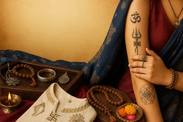 Respectful Hindu symbols fashion illustration with jewellery, clothing motifs, careful tattoo context, Om, lotus, and devotional sensitivity.