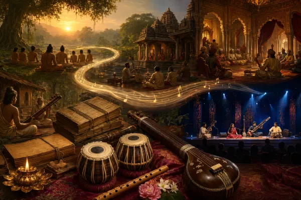 Illustration showing Indian classical music evolving from Vedic chanting and guru-shishya learning to temple, court, and concert traditions.