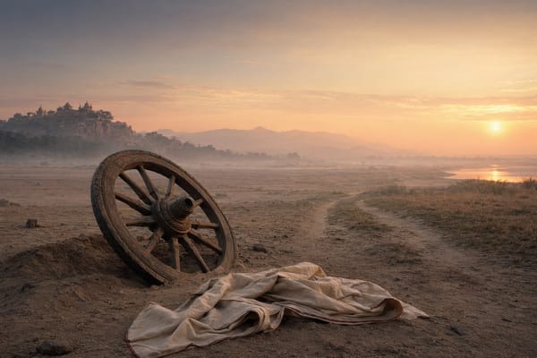 Quiet dawn aftermath with an empty chariot wheel, a fading battlefield shadow, a dharma lamp, lotus water, and a path toward the Himalayas.