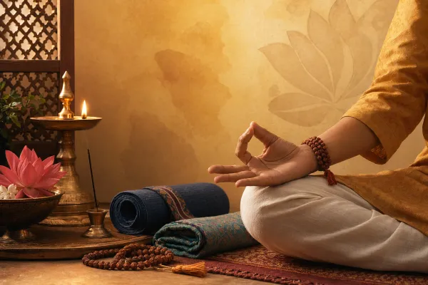 Hands holding a gentle mudra beside a diya, mala, and quiet practice space, suggesting calm timing and consistency.