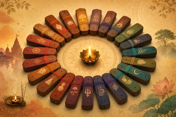 Eighteen palm-leaf manuscript bundles arranged in a circular library wheel with a golden lamp, representing the 18 Mahapuranas.