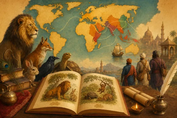 How Panchatantra Spread Across the World illustration with Panchatantra-style animals, books, Indian storytelling mood, and warm educational setting.
