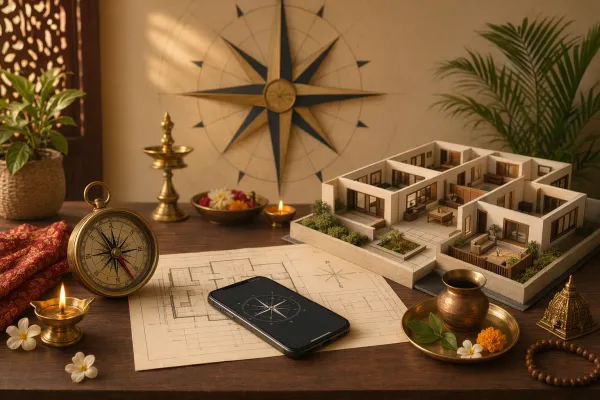 House direction checking illustration with a phone compass, hand compass, doorway, floor plan, and directional symbols.