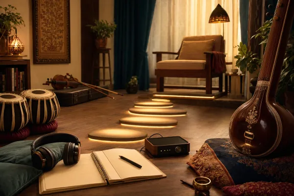 Illustration of a beginner music room with tabla, tanpura, headphones, and a notebook for learning Indian classical music.