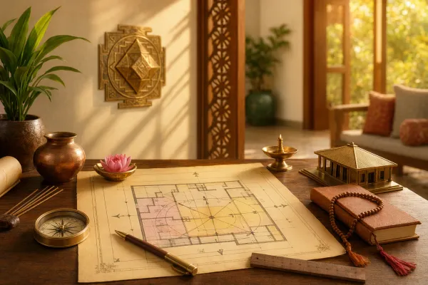 Learning Vastu Shastra illustration with books, floor plan, compass, notes, lamp, and a calm study desk.